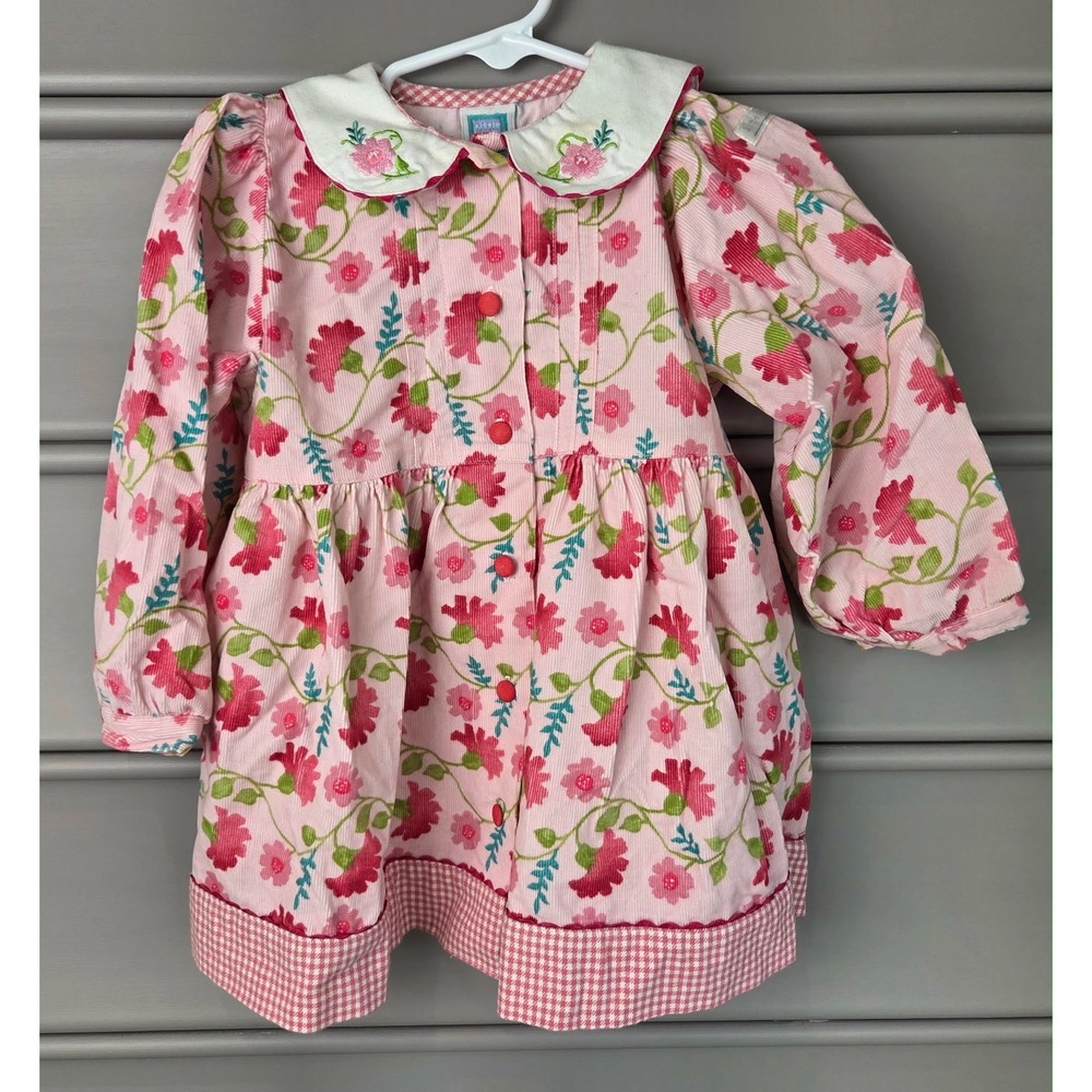 Little Me Vintage Pink Floral Corduroy Dress Peter Pan Collar Girls 18M Cotton